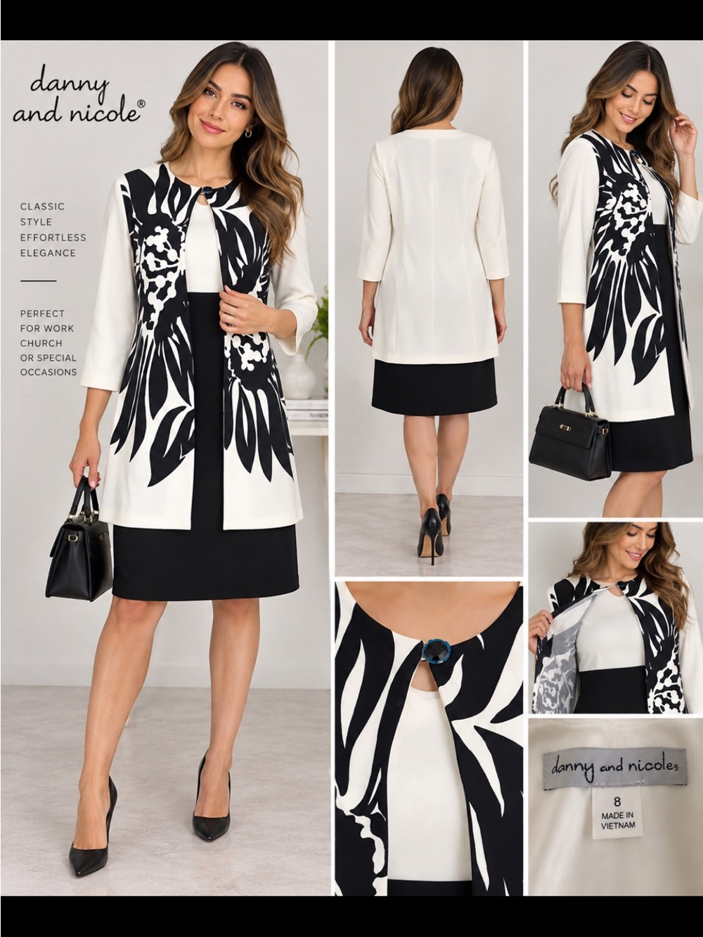 Danny & Nicole Women’s 8 Black White Floral Print Jacket Dress 2 Pc Set